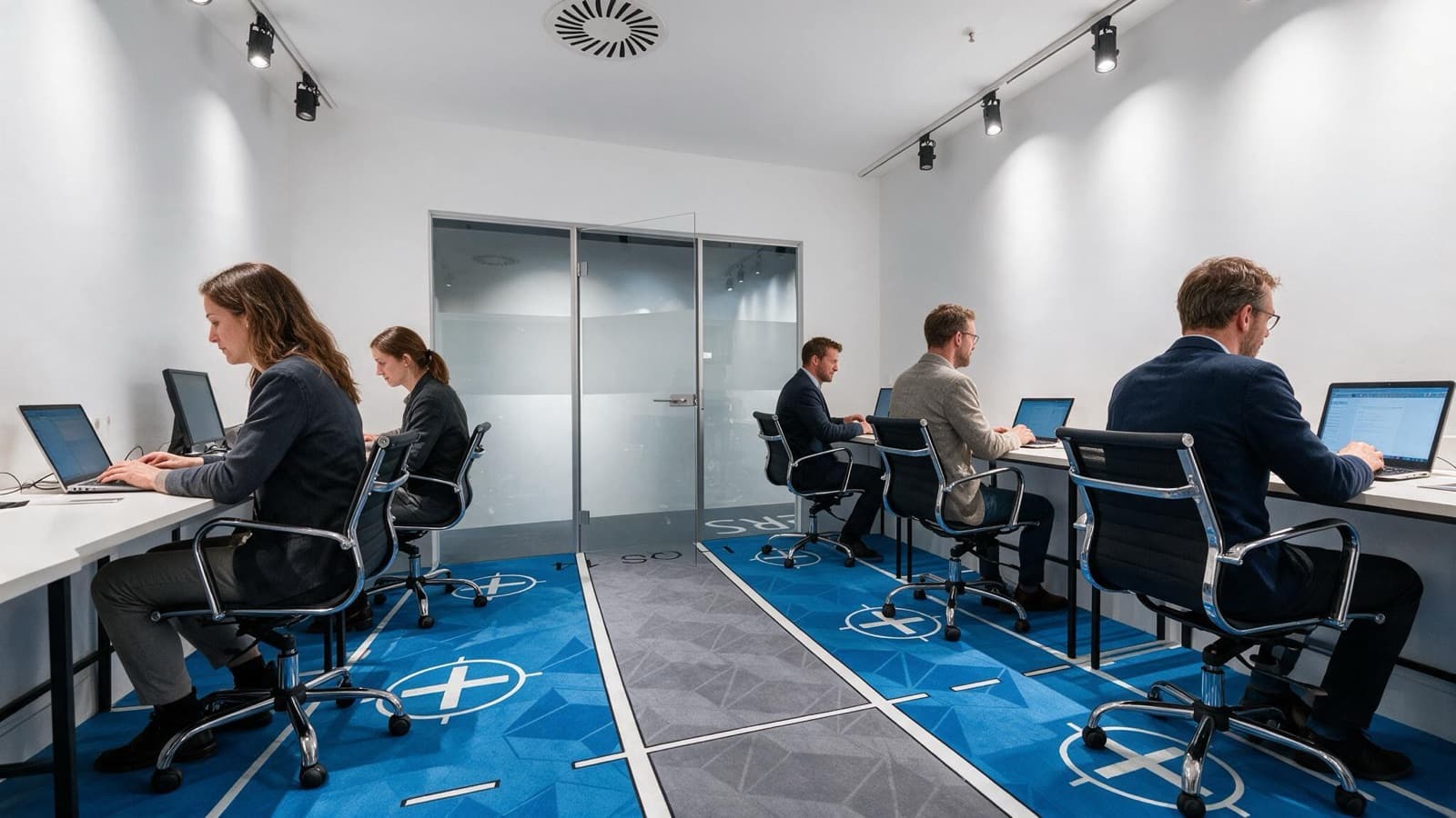 Schmales Büro mit Arbeitsplätzen an beiden Wänden auf blauem Teppich