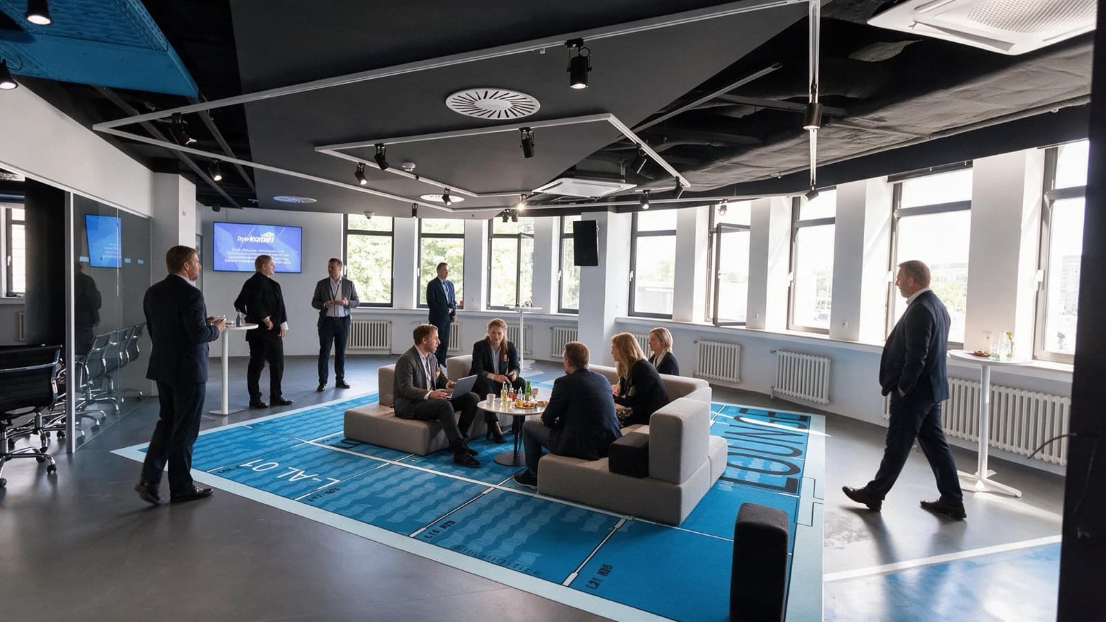 Menschen im Gespräch auf blauen Sitzmöbeln in der Lounge