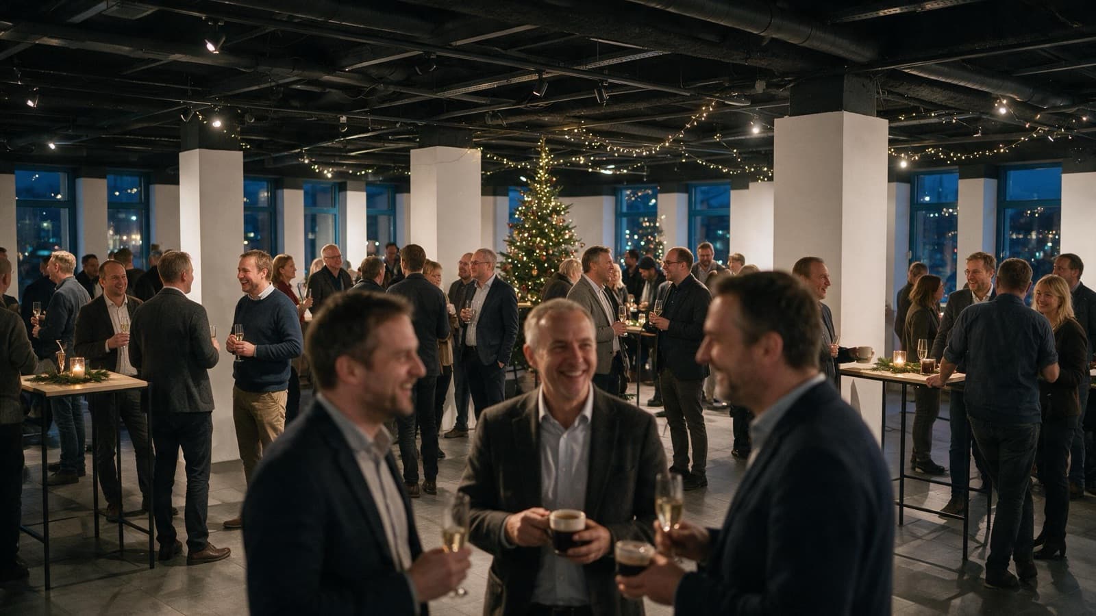 Abendliche Feier mit Sekt, Weihnachtsbaum und Lichterketten