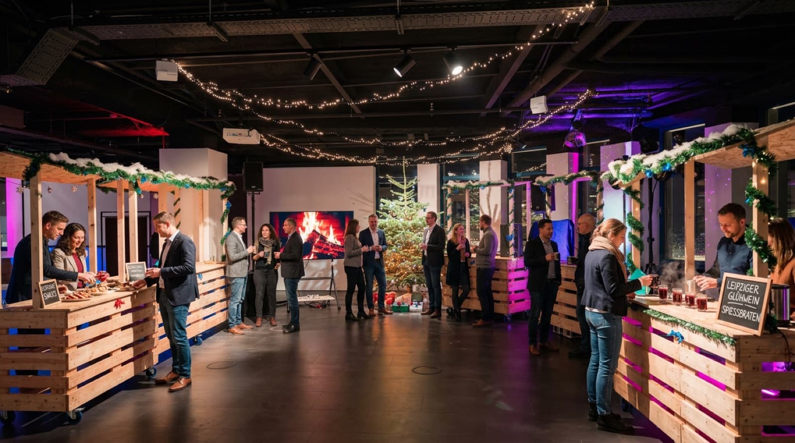Weihnachtsfeier mit Lichterketten, Baum und Glühwein-Stand aus Paletten