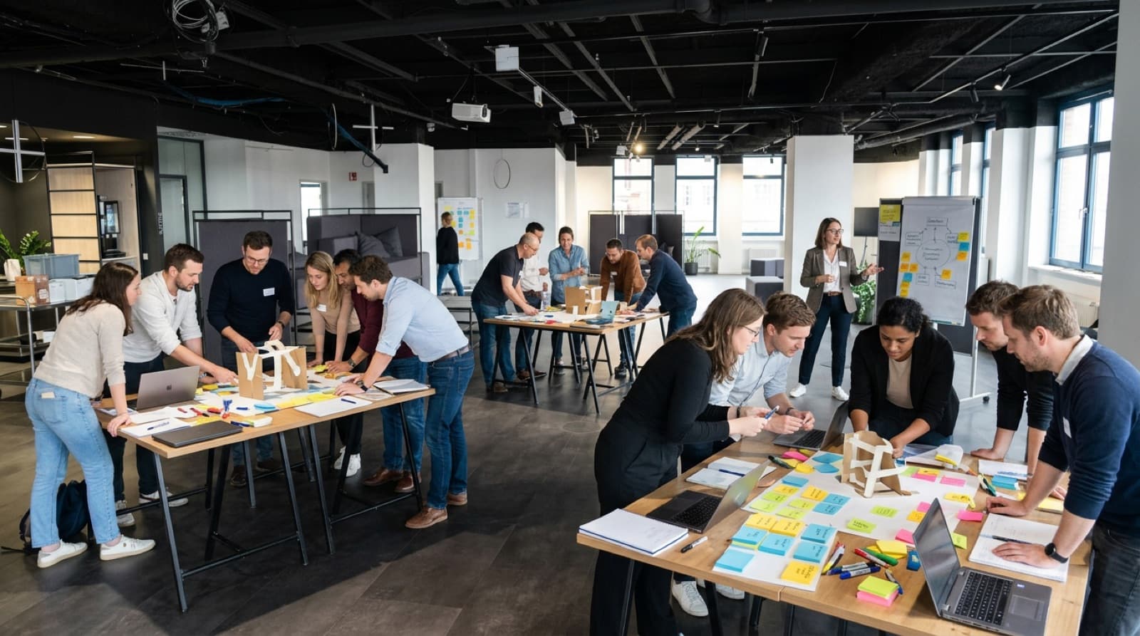 Workshop an Stehtischen mit Prototypen, Haftnotizen und Flipchart