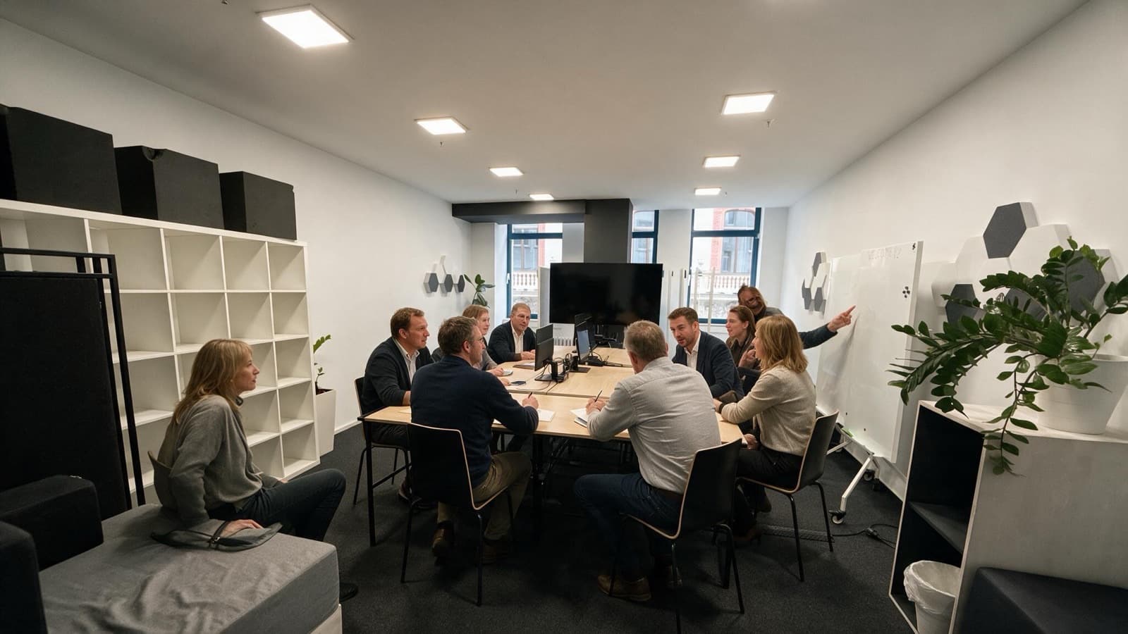 Besetzte Besprechung am langen Tisch im Raum L-AF 03 mit Whiteboard