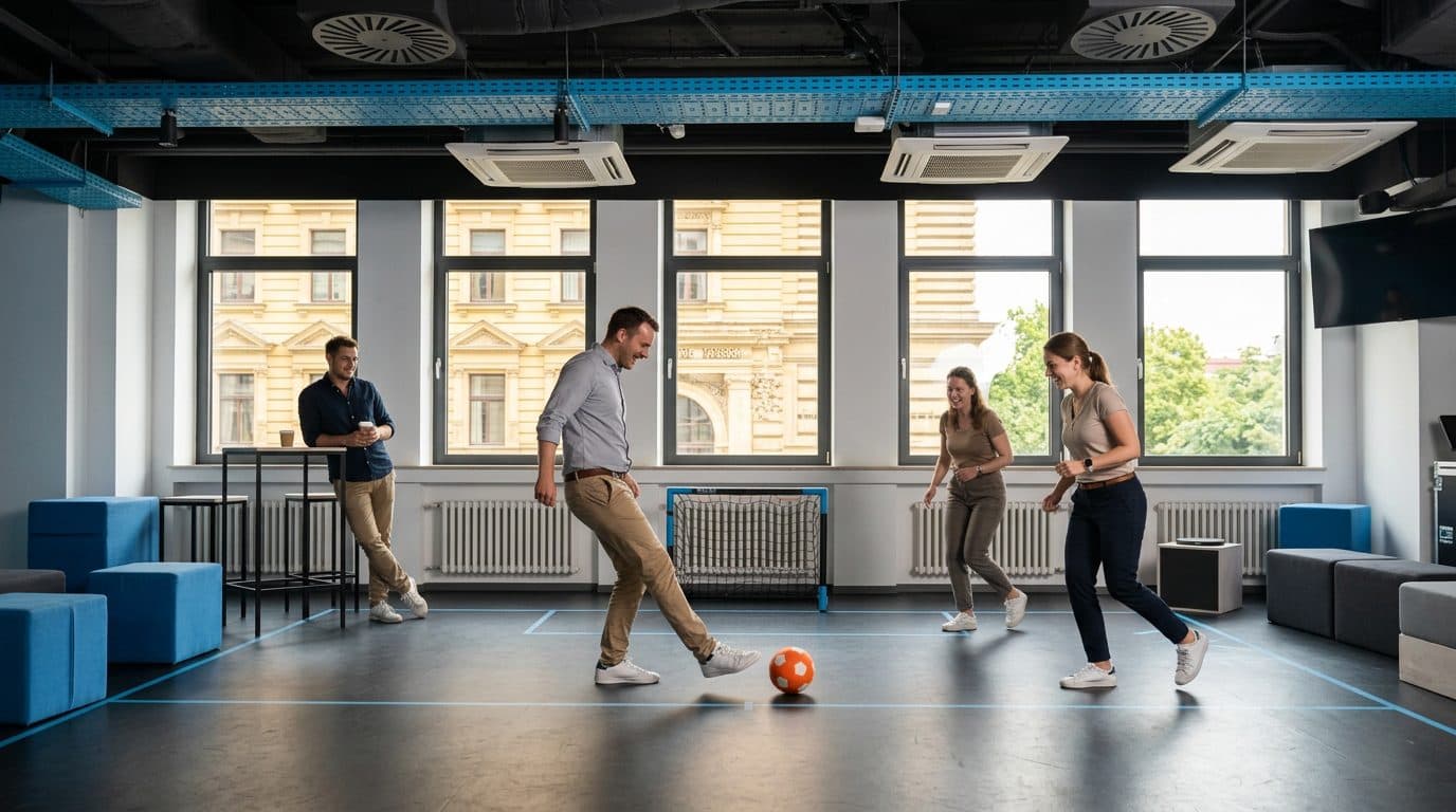 Teamevent auf der Sportfläche im Merkurhaus: Kolleginnen und Kollegen kicken vor der Torwand und der Fensterfront