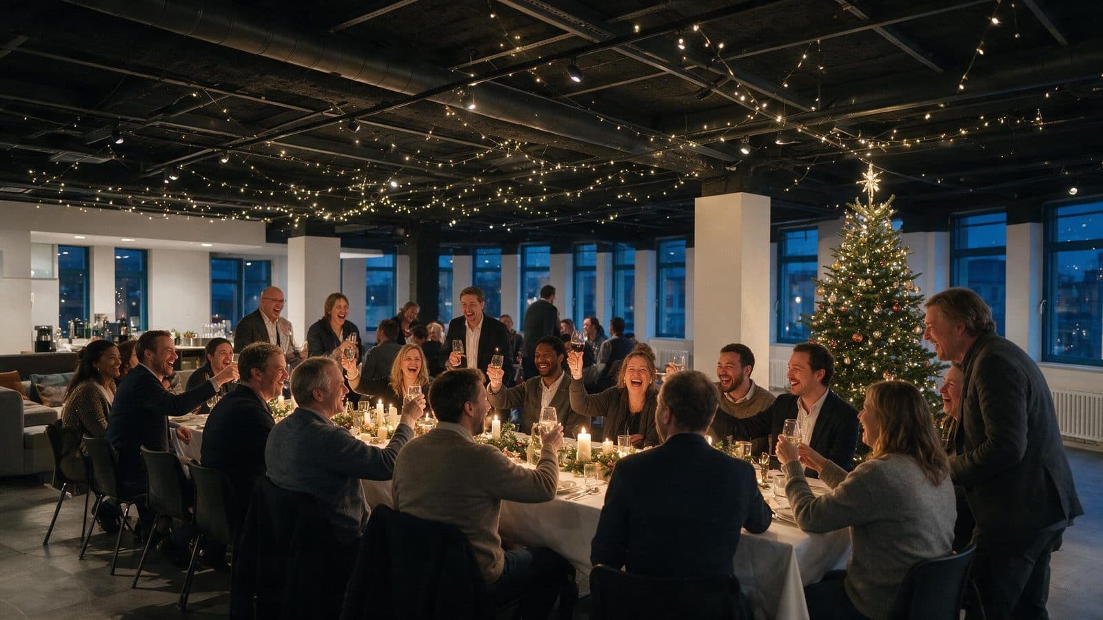 Weihnachtsfeier im Merkurhaus: festliche Tafel mit Kerzen, Lichterketten unter der Betondecke und Weihnachtsbaum vor der Fensterfront