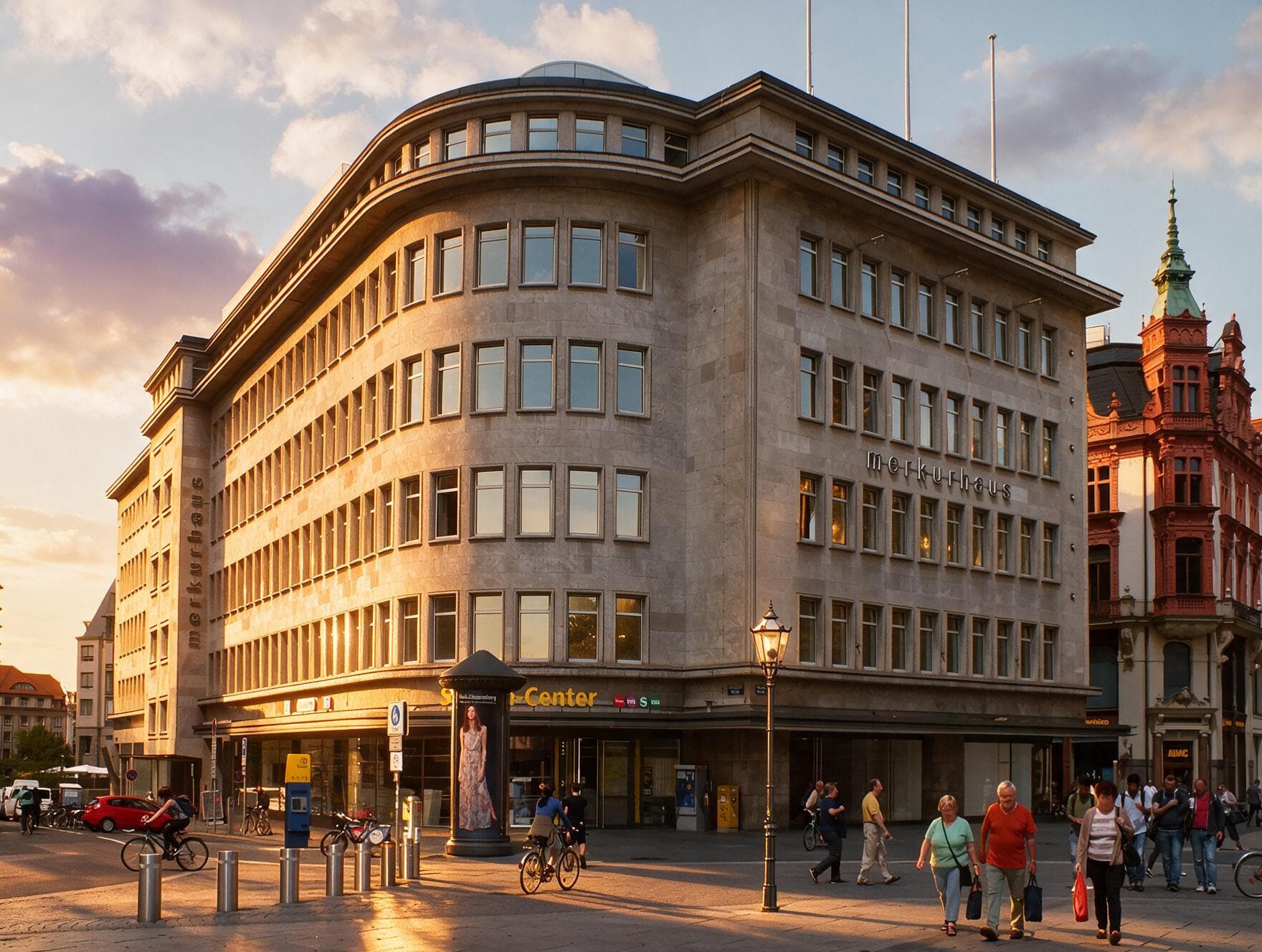 Das Merkurhaus in Leipzig im Abendlicht: die geschwungene Kalkstein-Fassade mit dem Schriftzug „merkurhaus“ am Wilhelm-Leuschner-Platz
